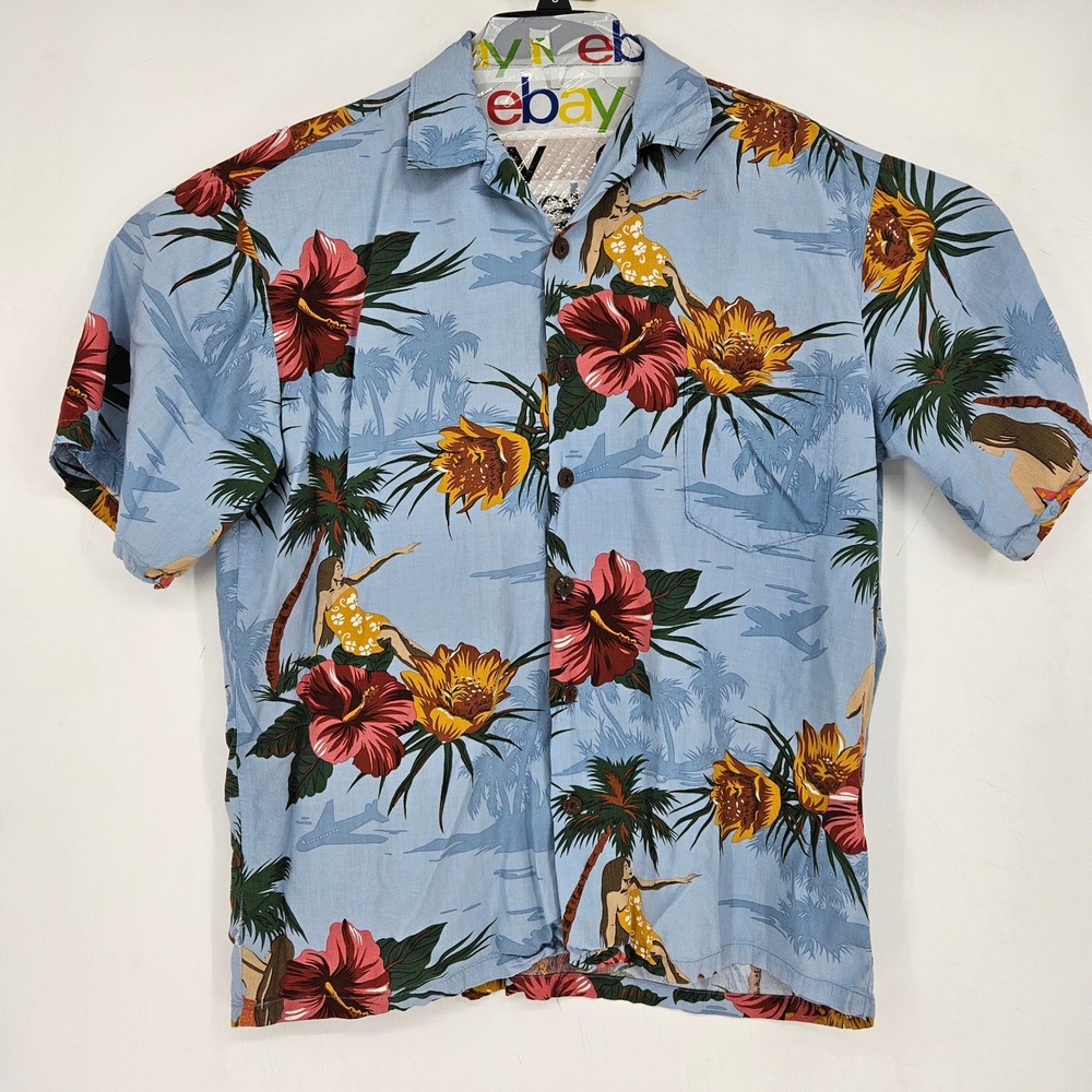 Vintage Hilo Hattie Shirt Mens Large Button Up Aloha Honolulu Hawaiian Blue‎